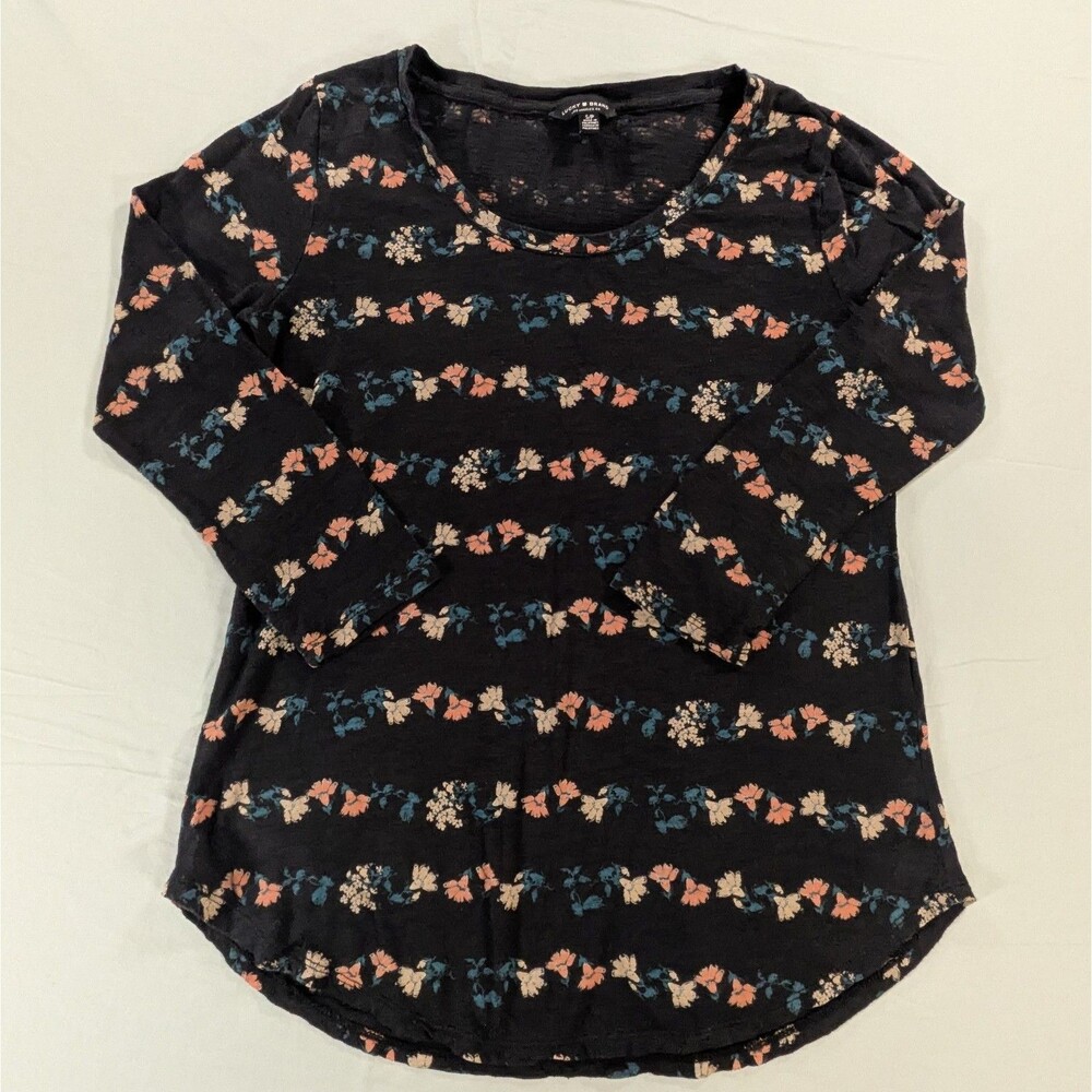 Lucky Brand Women's Floral Print 3/4 Sleeve Top Casual Black, Size Small